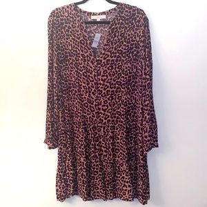 Loft Leopard Print Button Tiered Swing Dress, SZ Large